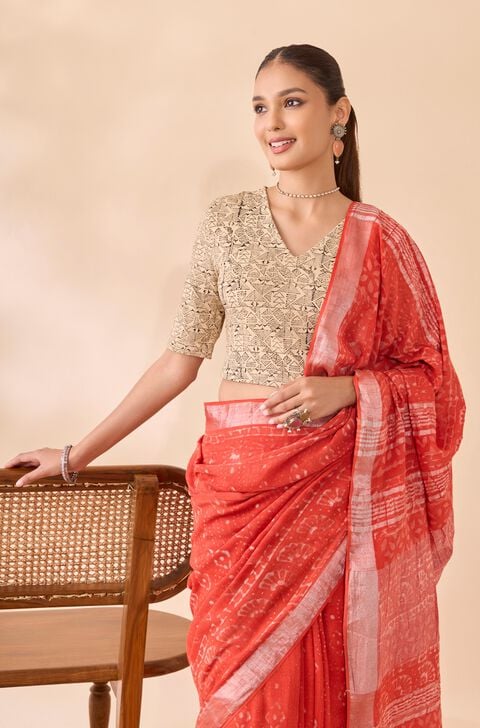 Beige Embroidered Designer Blouse – Beige & Coral Red